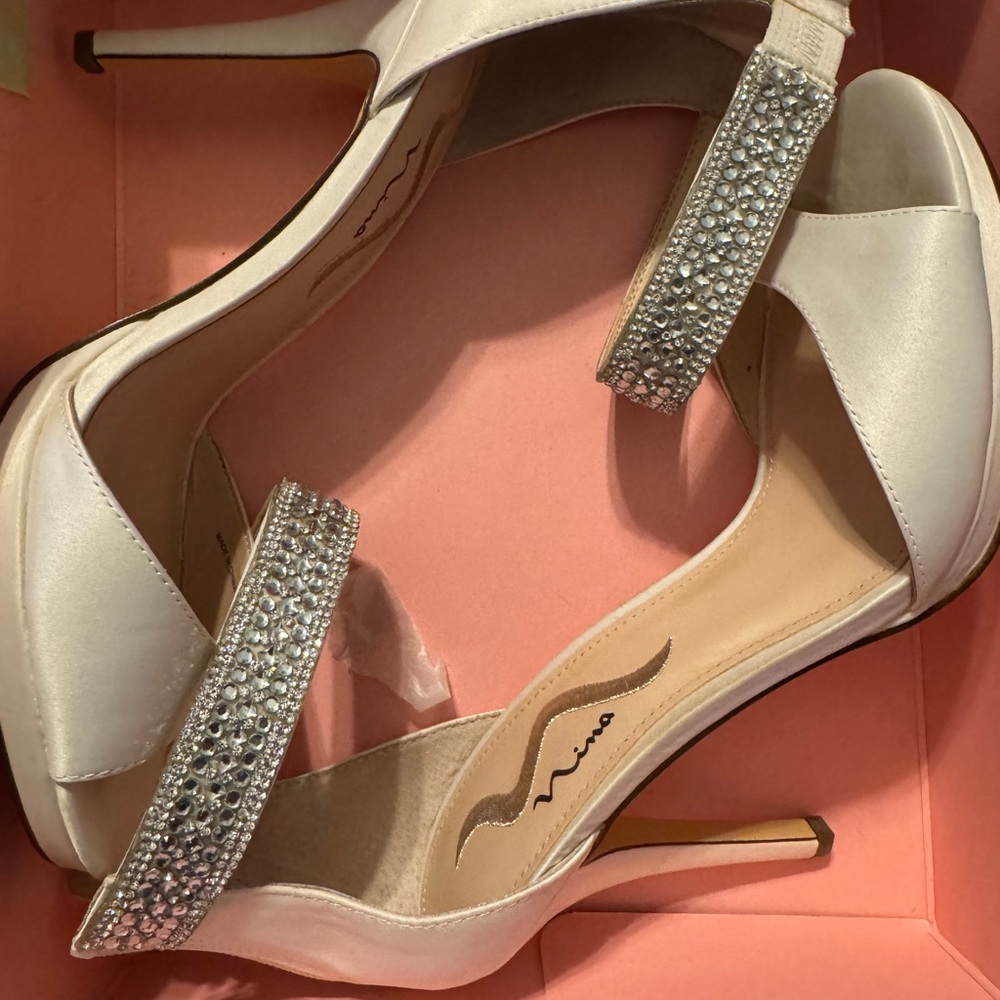 Brand New! Cream Stiletto Heels with Rhinestone Straps